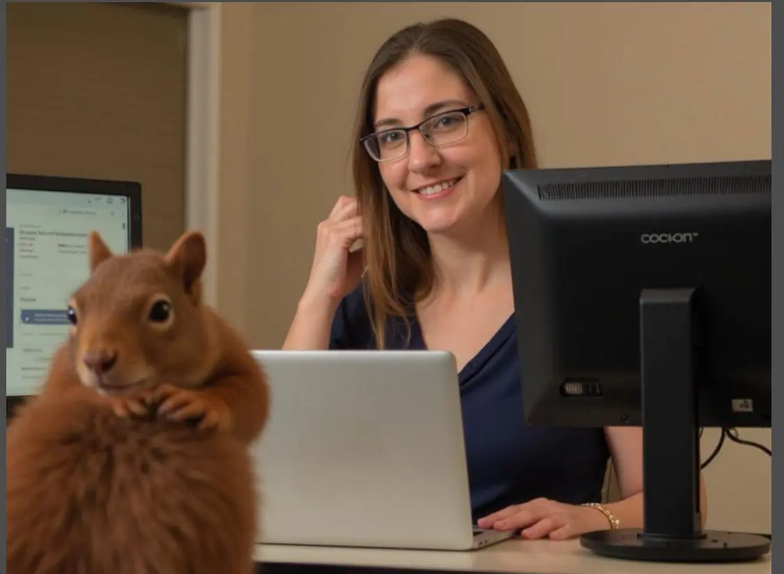 A woman sitting at her desk with a laptop and a squirrel.