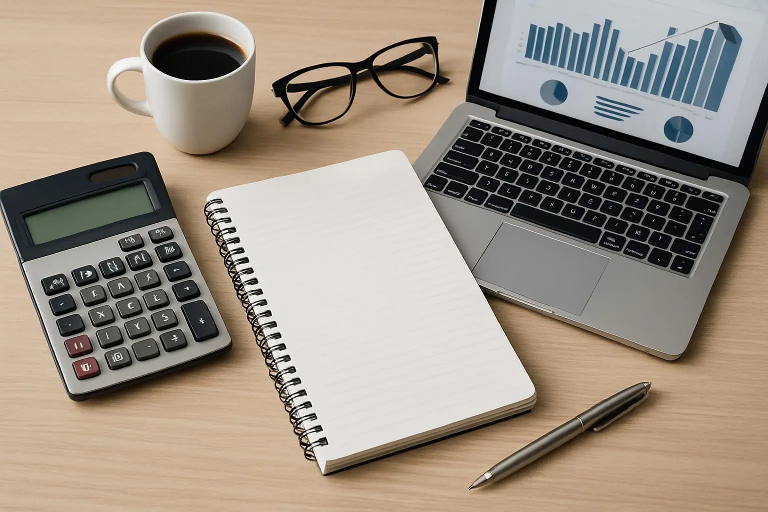 A notebook, calculator and laptop on a desk.