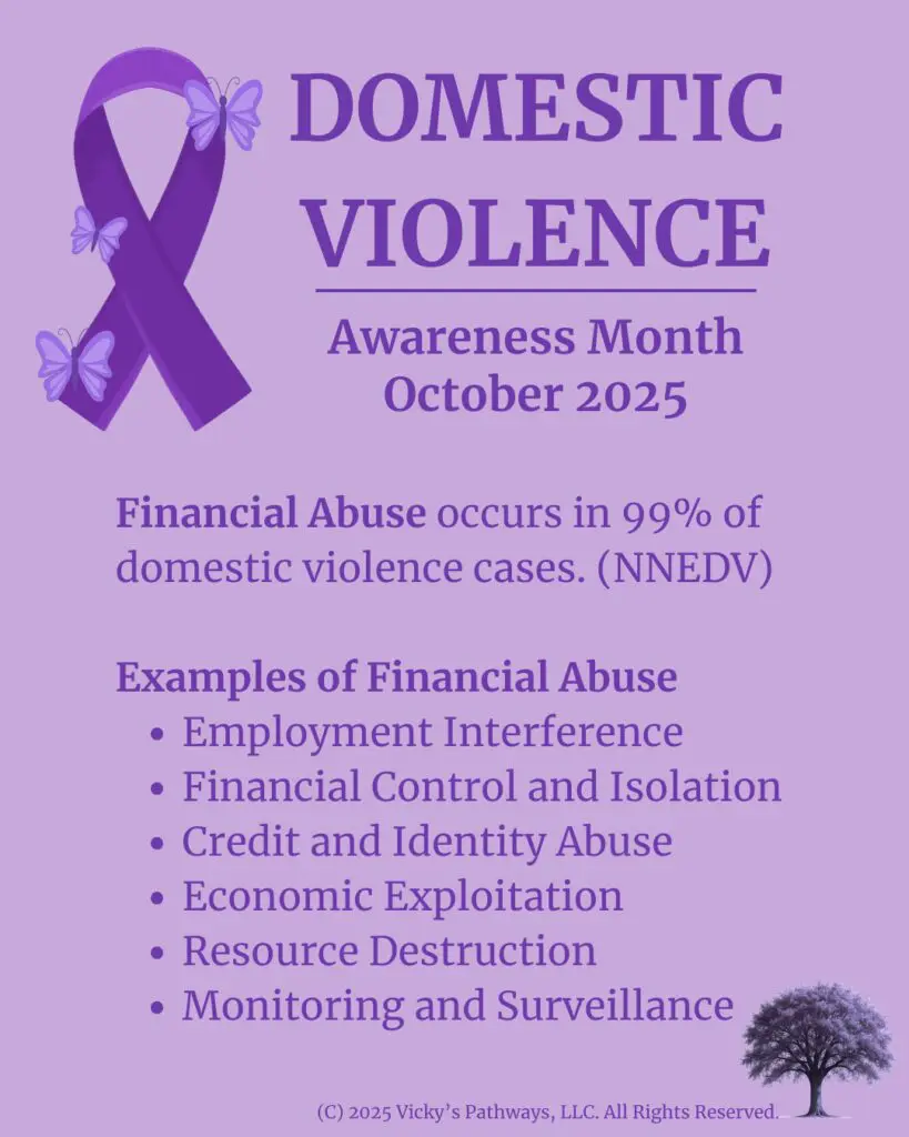 Financial Abuse occurs in 99% of domestic violence cases. (NNEDV)
Examples of Financial Abuse
Employment Interference
Financial Control and Isolation
Credit and Identity Abuse
Economic Exploitation
Resource Destruction
Monitoring and Surveillance
#DomesticViolence #DV #DVAM2025 #EmploymentInterference #FinancialControl #Isolation #CreditAbuse #IdentityAbuse #Economic Exploitation #ResourceDestruction #FinancialAbuse #VickysPathways