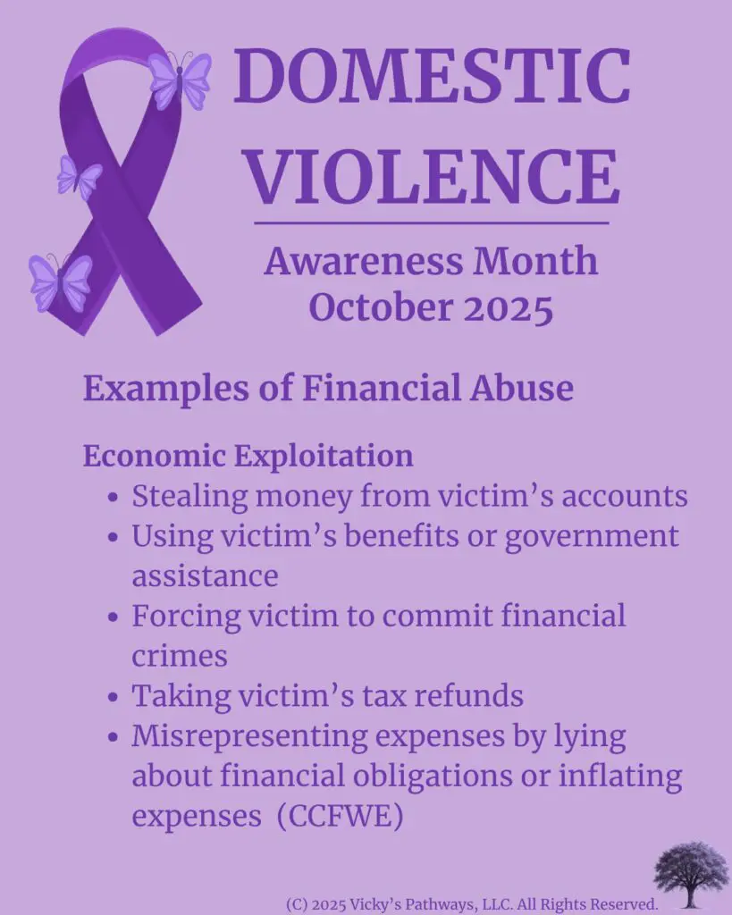 Economic Exploitation
Stealing money from victimβs accounts
Using victimβs benefits or government assistance
Forcing victim to commit financial crimes
Taking victimβs tax refunds
Misrepresenting expenses by lying about financial obligations or inflating expenses (CCFWE)
#DomesticViolence #DV #DVAM2025 #EmploymentInterference #FinancialControl #Isolation #CreditAbuse #IdentityAbuse #Economic Exploitation #ResourceDestruction #FinancialAbuse #VickysPathways