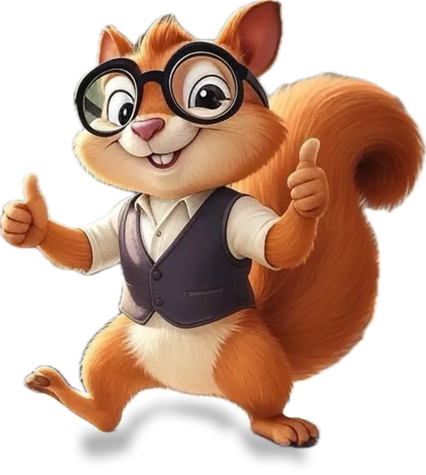 Cartoon squirrel with glasses giving thumbs up.