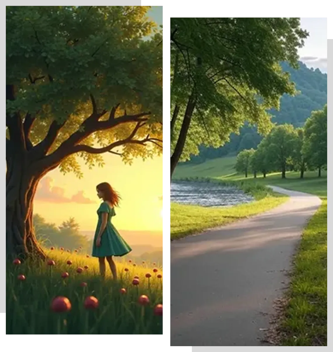 Girl under tree, sunny path scene.