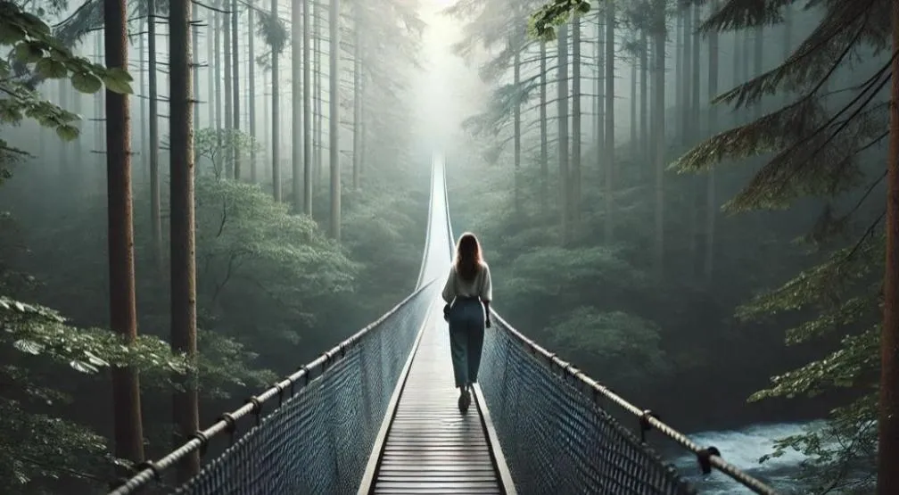 Person walking on bridge through forest.