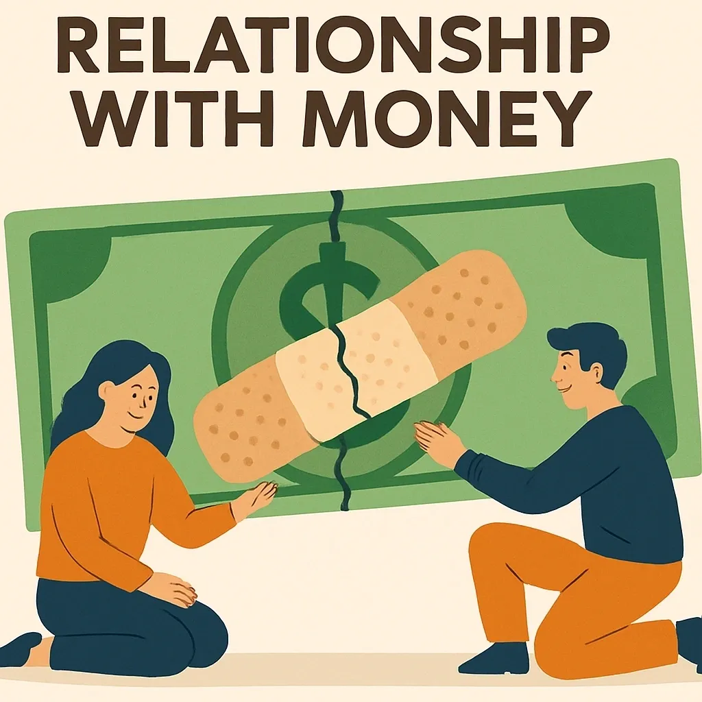Two people fixing broken money symbol.