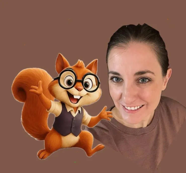 Cartoon squirrel with glasses beside smiling woman.
