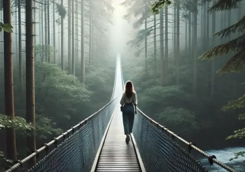 Person walking on bridge through forest.
