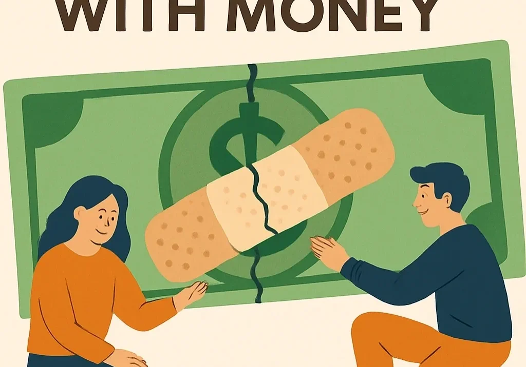 Two people fixing broken money symbol.